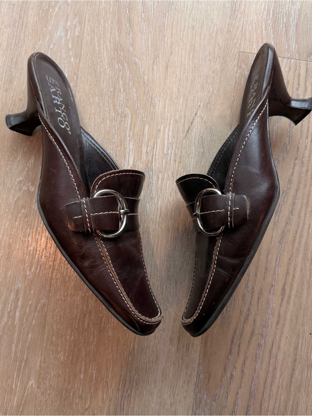 Franco Sarto brown leather square toe mule kitten heels